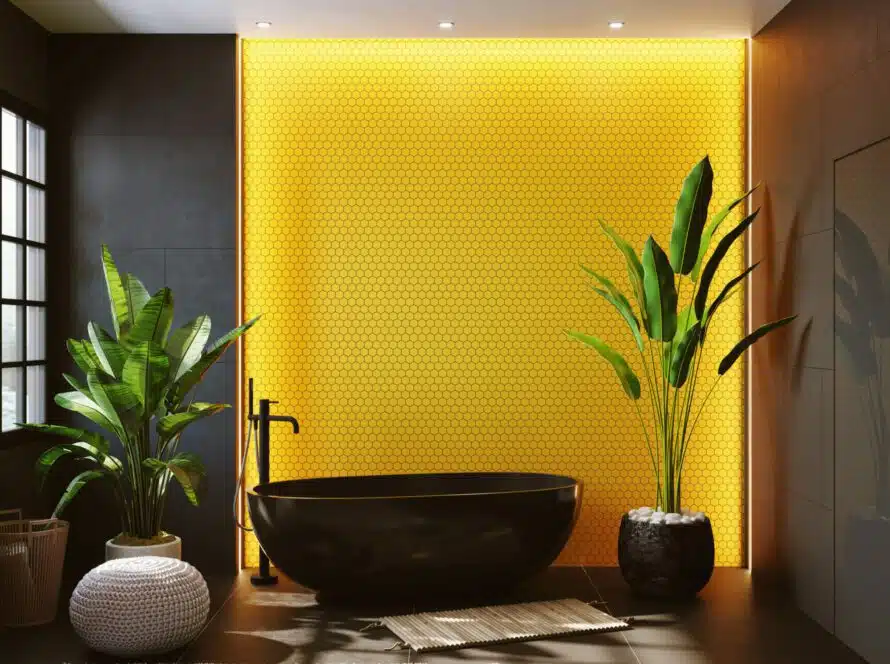 yellow honeycomb tiled wall with decor