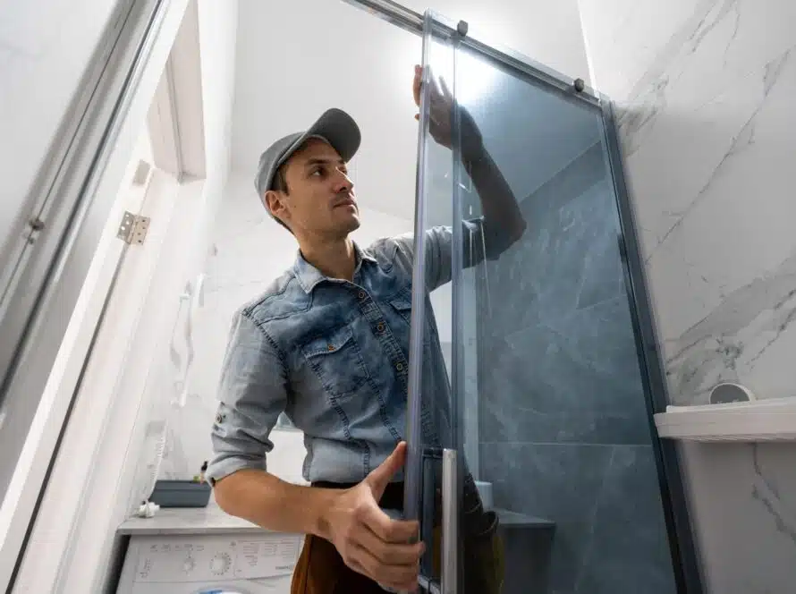 Remodeling bathroom installer placing a shower door into the wall.