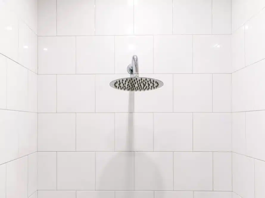 Rainwater shower head in polished chrome.