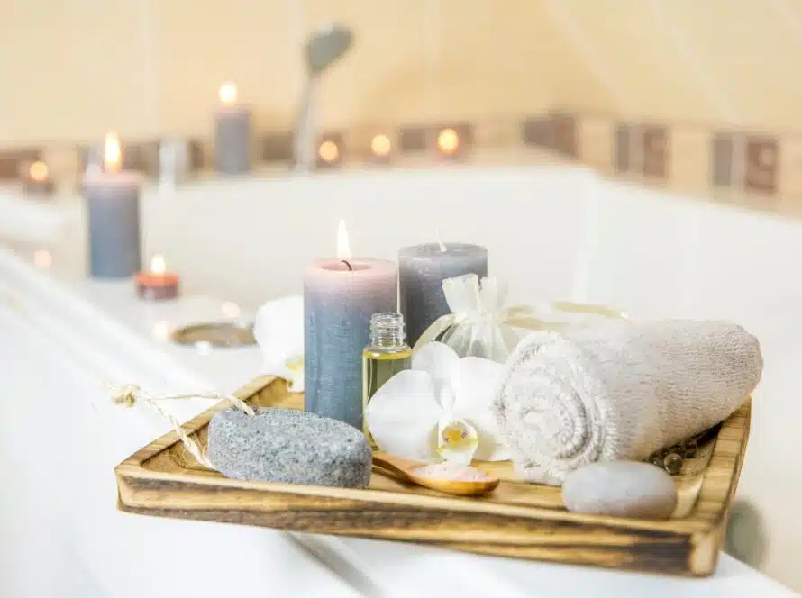 Guest bathroom prepared with warm towels and accessories ahead of the Holidays.