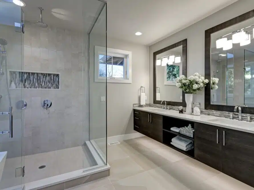 Large and open bathroom space remodeled by Columbus Bath Design in Lewis Center, Ohio.