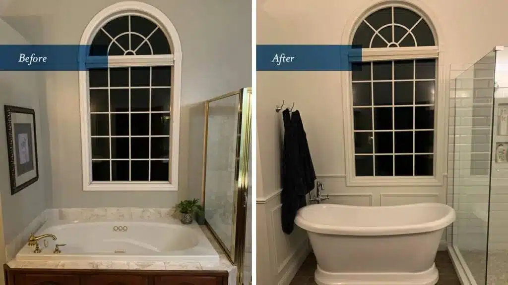 Before and after bathroom remodeling project by Columbus Bath Design in Lewis Center, Ohio.