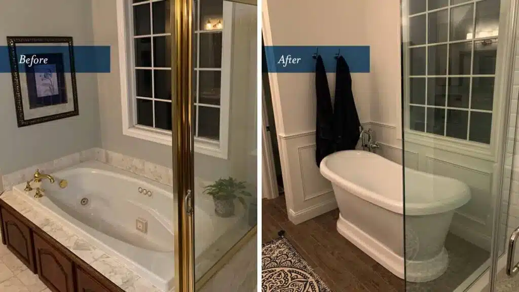Before and after bathroom remodeling project by Columbus Bath Design in Lewis Center, Ohio.