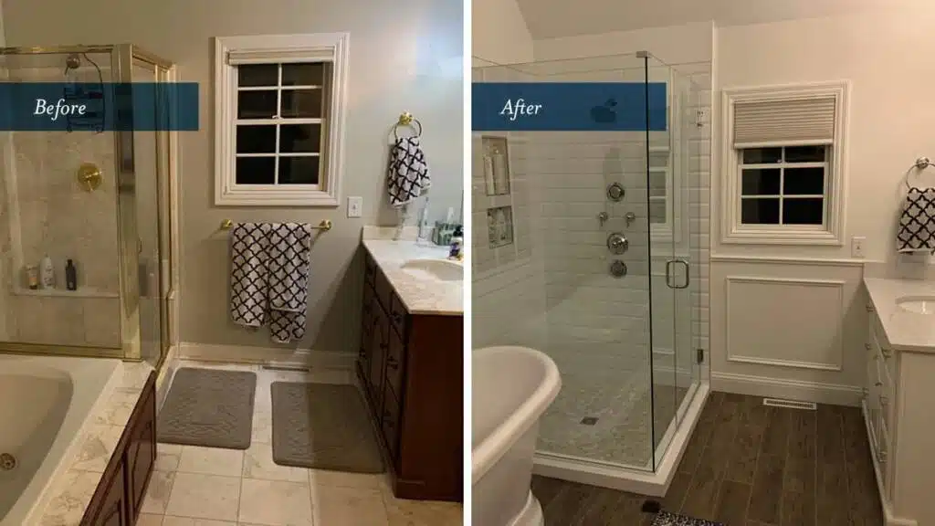 Before and after bathroom remodeling project by Columbus Bath Design in Lewis Center, Ohio.