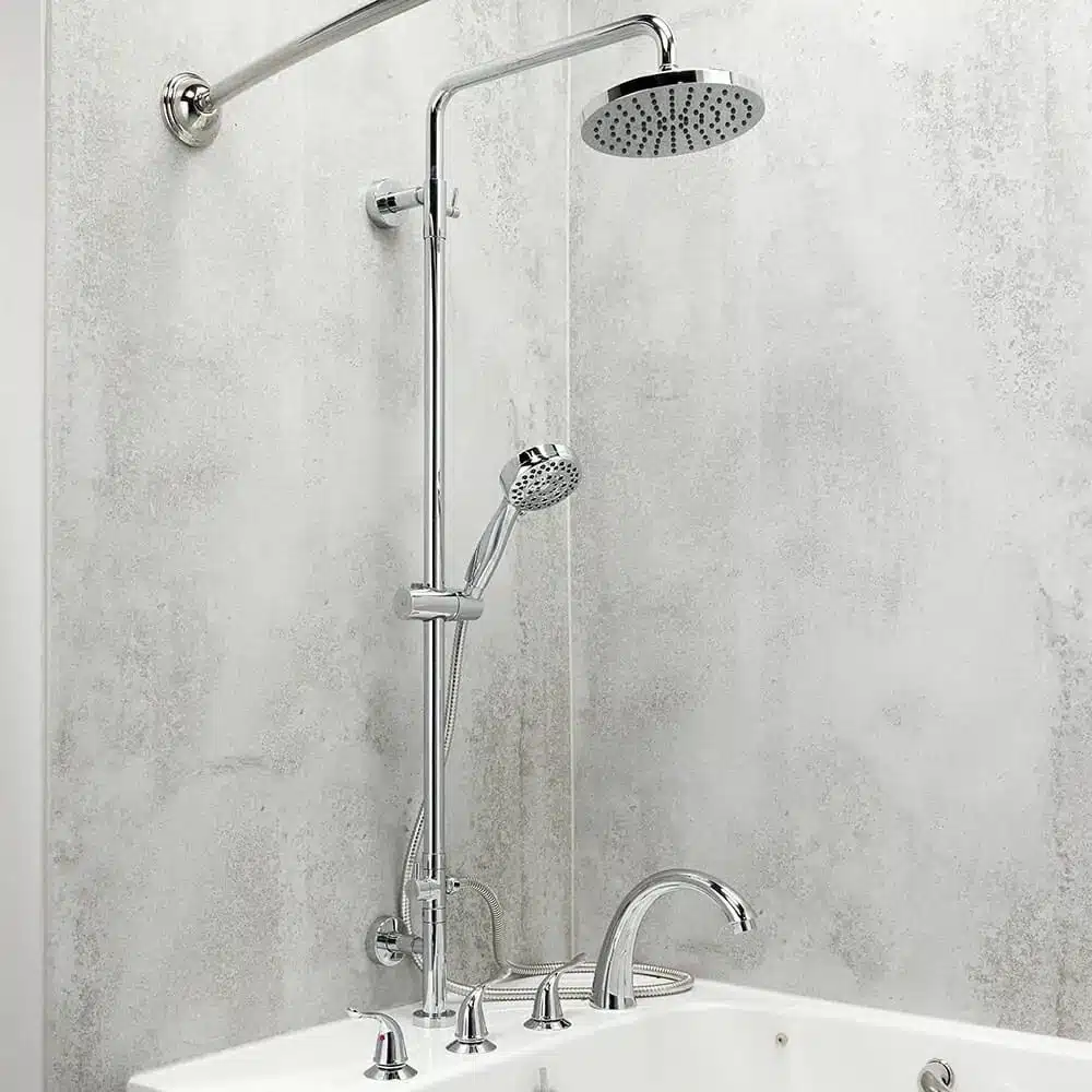 Rainfall shower head accessory in polished chrome above an ivory bathtub to shower conversion.