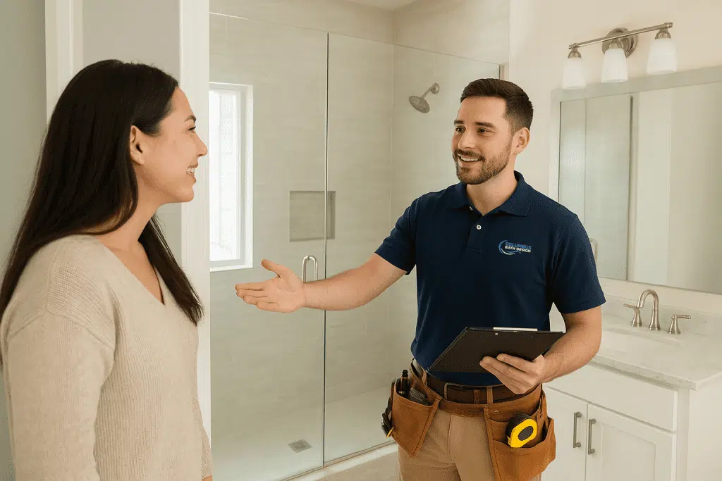 Bathroom remodeling expert shaking hands with a homeowner during a free, itemized bathroom remodeling estimate.
