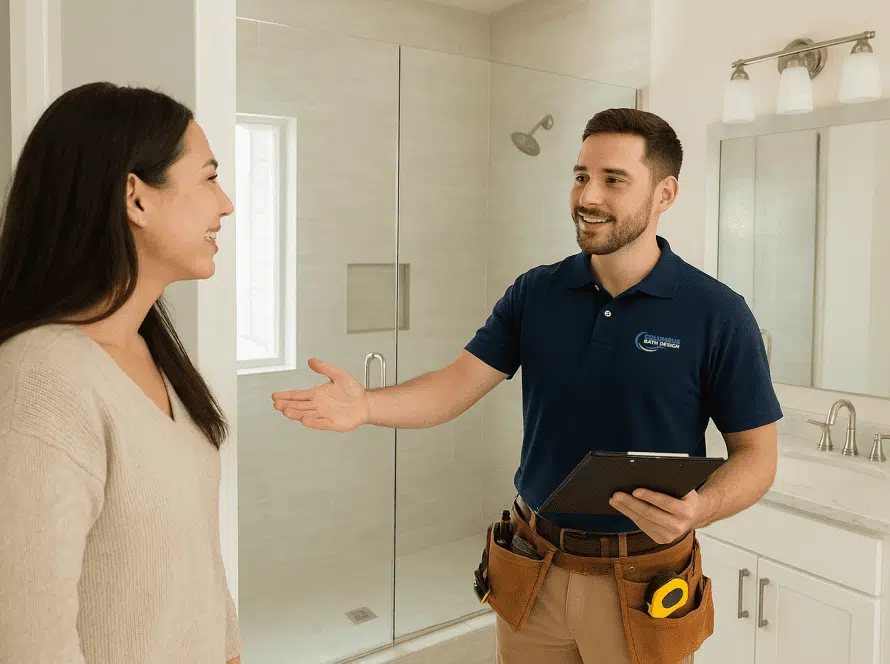 Bathroom remodeling expert shaking hands with a homeowner during a free, itemized bathroom remodeling estimate.