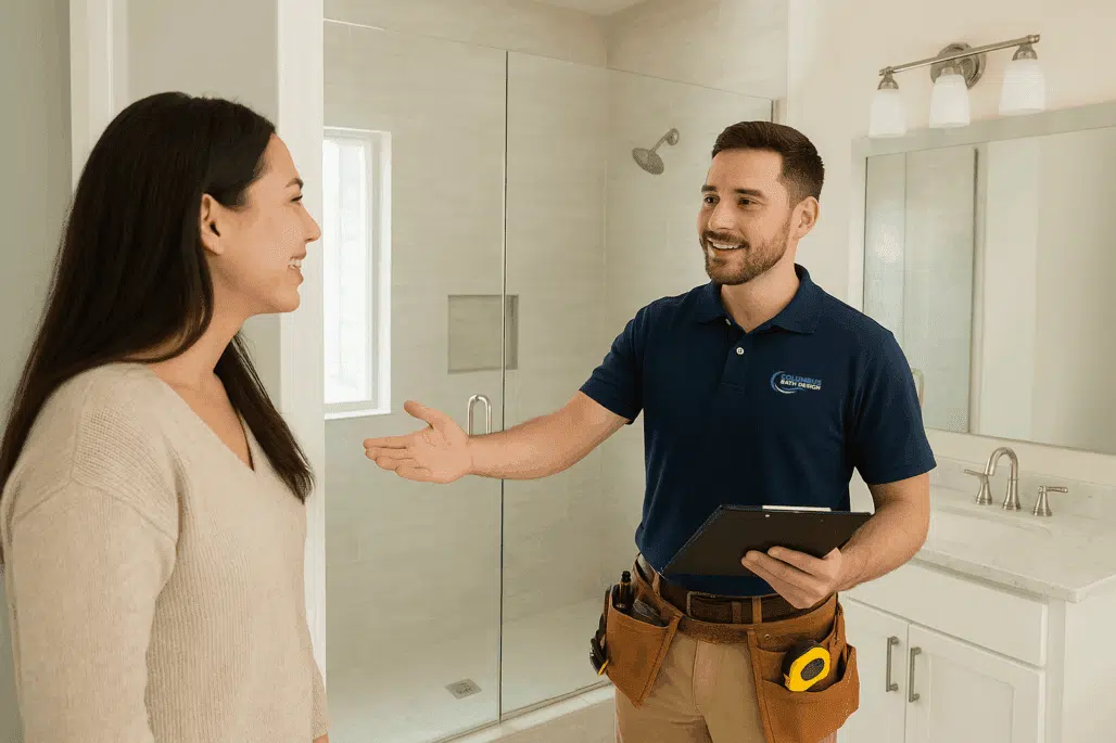 Bathroom remodeling expert shaking hands with a homeowner during a free, itemized bathroom remodeling estimate.