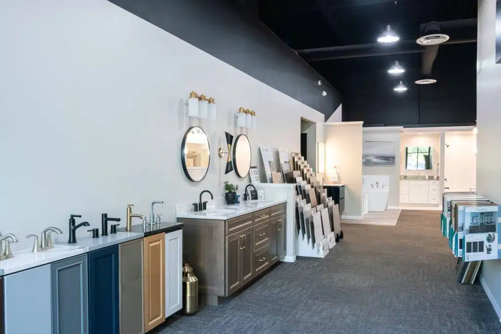 Sample faucet accessories, cabinet options, and countertop materials at Columbus Bath Design's Design Center in Lewis Center, Ohio.