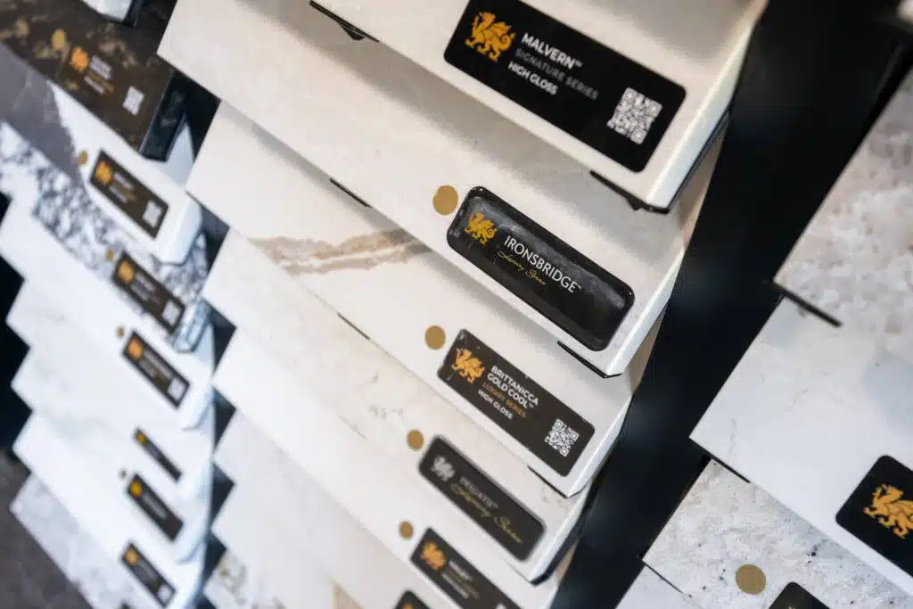 An assortment of Cambria marble samples available at Columbus Bath Design's Design Center in Lewis Center, Ohio.