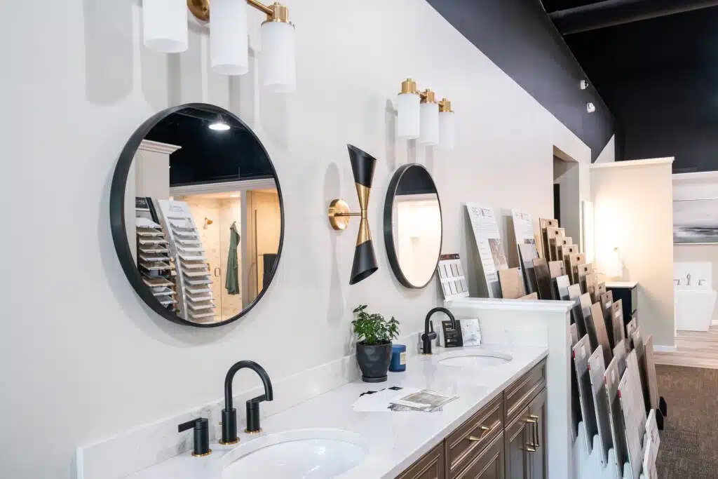 An assortment of mirrors, accessories, lights, and tile options available at Columbus Bath Design's Design Center in Lewis Center, Ohio.