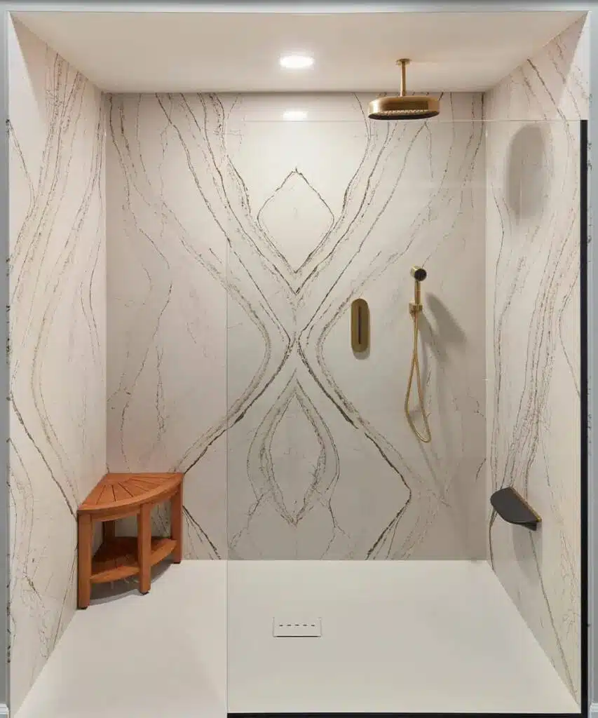 Beautifully marbled shower with a partial glass divider by Columbus Bath Design in Lewis Center, Ohio.