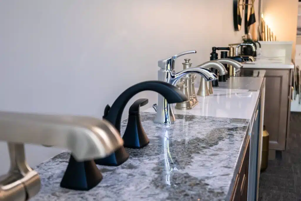 Faucet selection at Columbus Bath Design's Design Center in Lewis Center, Ohio.