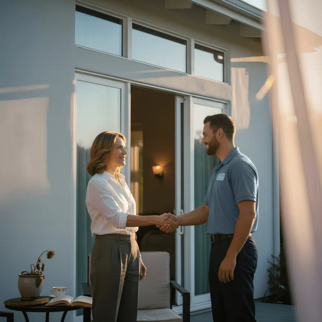 Smiling salesman shaking hands with a homeowner during a free remodeling consultation.