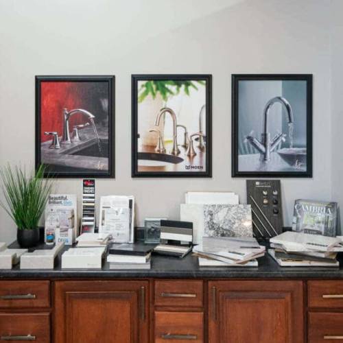 Partner company binders and promotional materials located at Columbus Bath Design's Design Center in Lewis Center, Ohio.