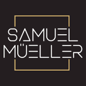 Black and gold logo for Sam Mueller.